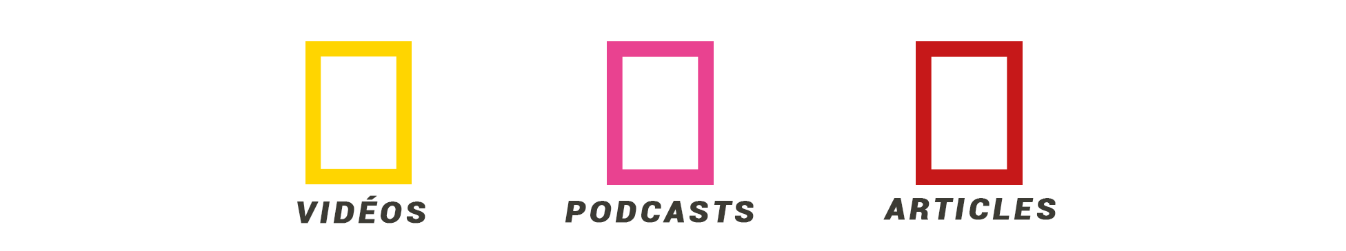 trois carrés jaune rose et rouge avec inscriptions vidéos podcasts articles